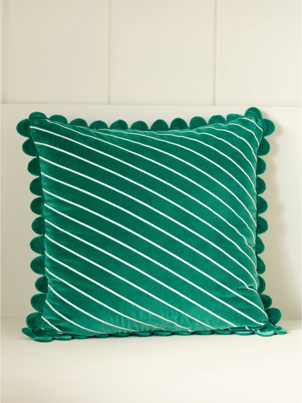 Anthropologie Green Velvet White Stripe Decorative Pillow w/Scalloped Edge NWT